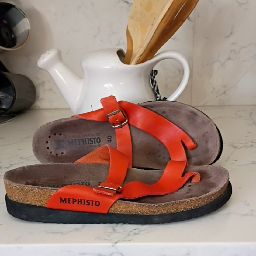 Mephisto Orange Leather Cork Footbed Slide Sandals